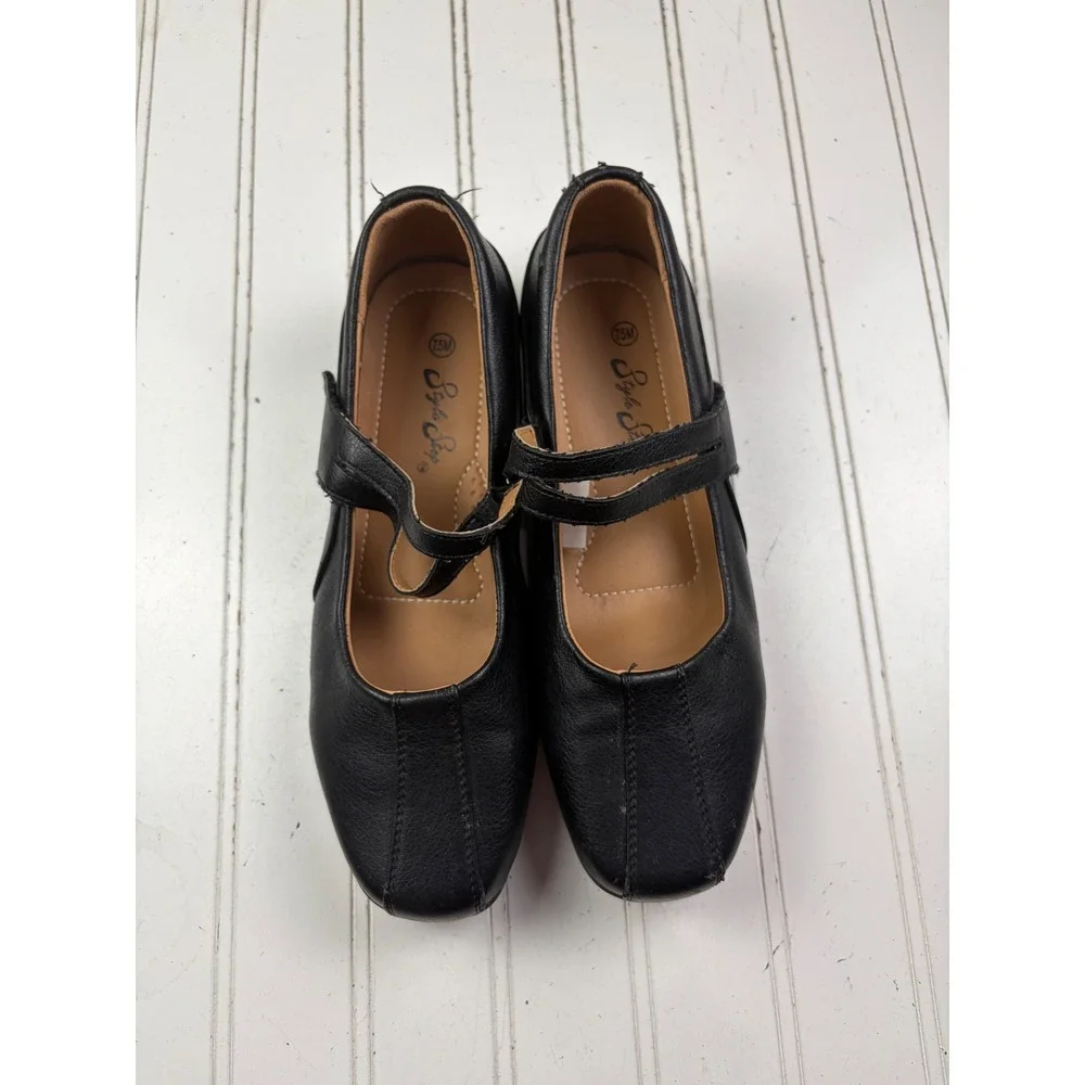 Style Step Black Mary Jane Double Strap Comfort Work Flats Women's Size 7.5